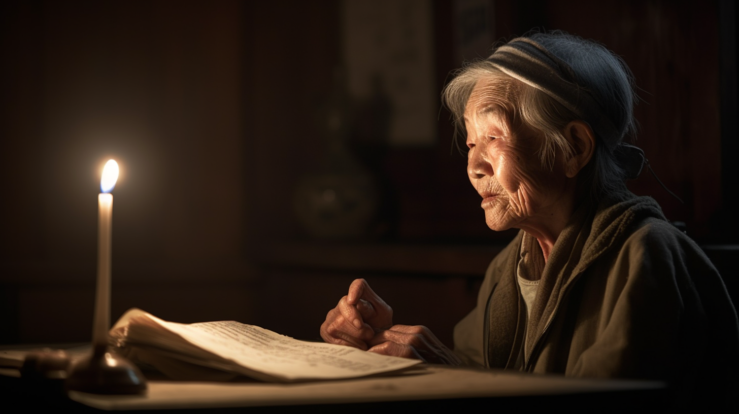 The Elderly Korean Woman Holding Bible By Candlelight