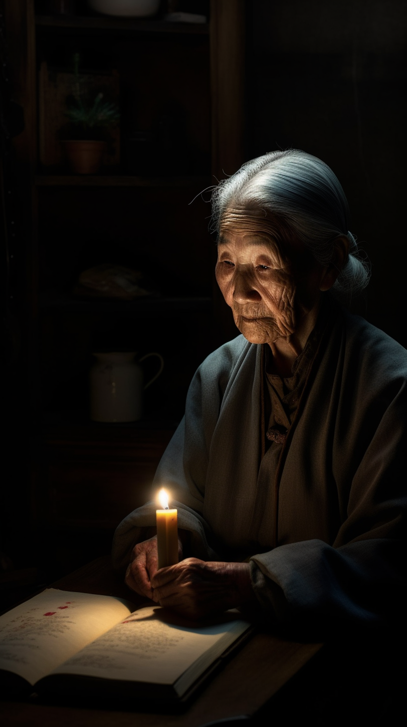 The Elderly Korean Woman with Bible and Candle