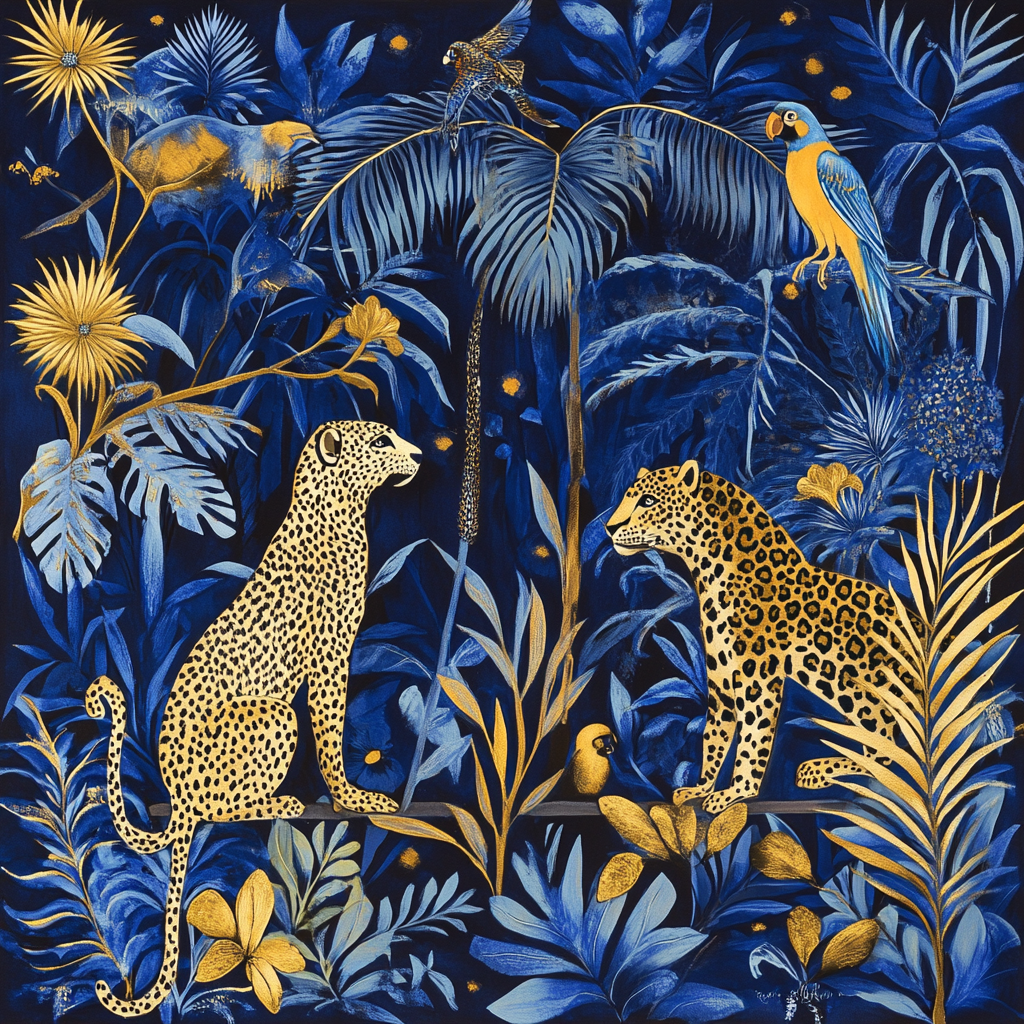 The Exotic Jungle with Gold-Blue Patterned Creatures