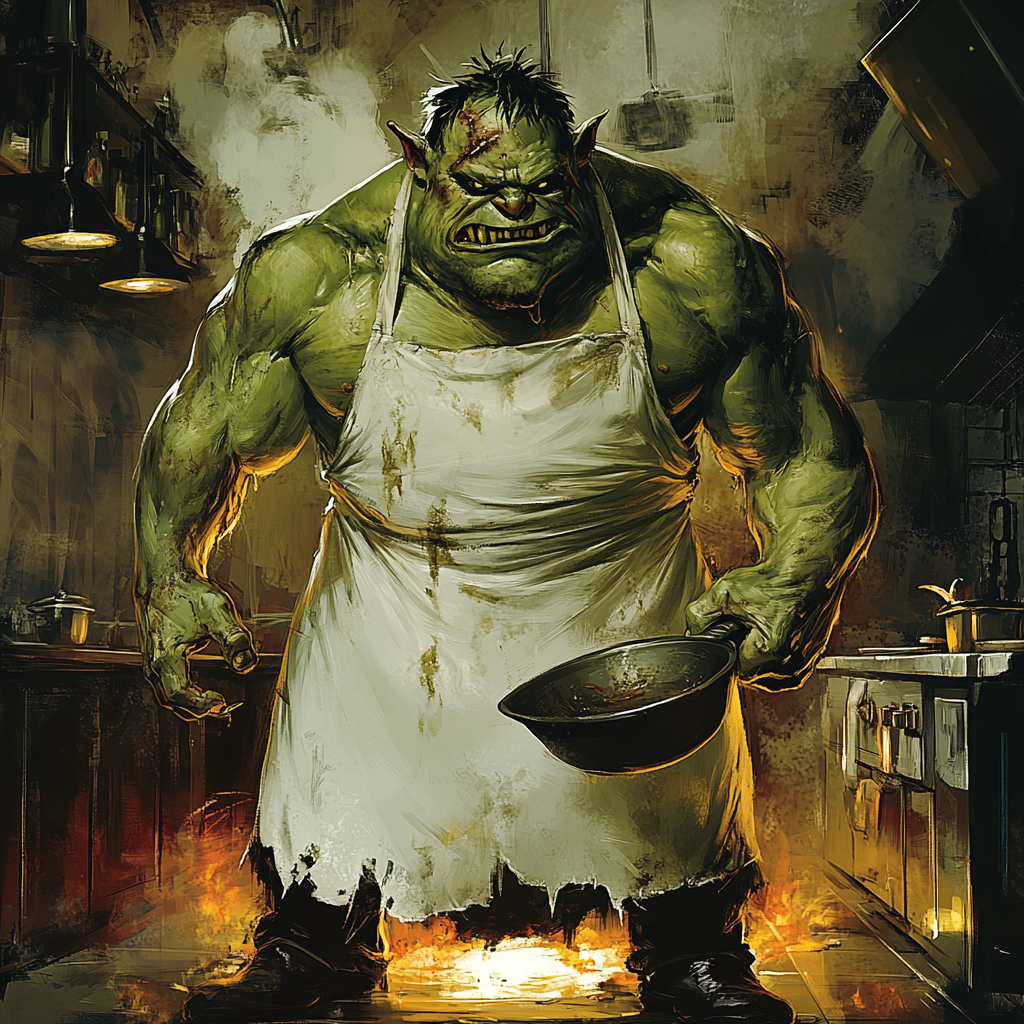 The Funny Green Skinny Chef in Panic