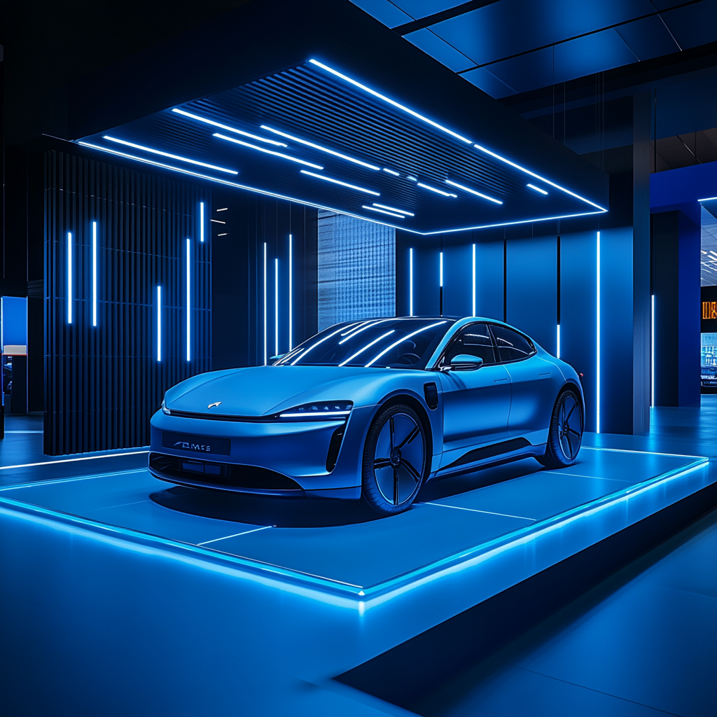 The Futuristic Blue Electric Car Display Booth