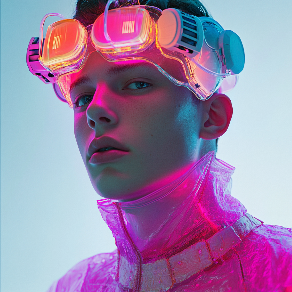 The Futuristic Man in Vibrant Fluo Liquid Outfit