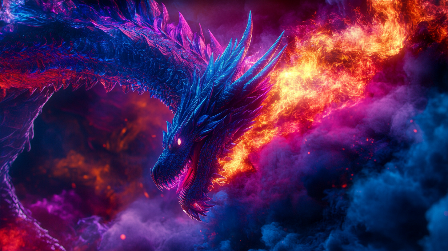 The Giant Dragon Breathing Flames in Fiery Light