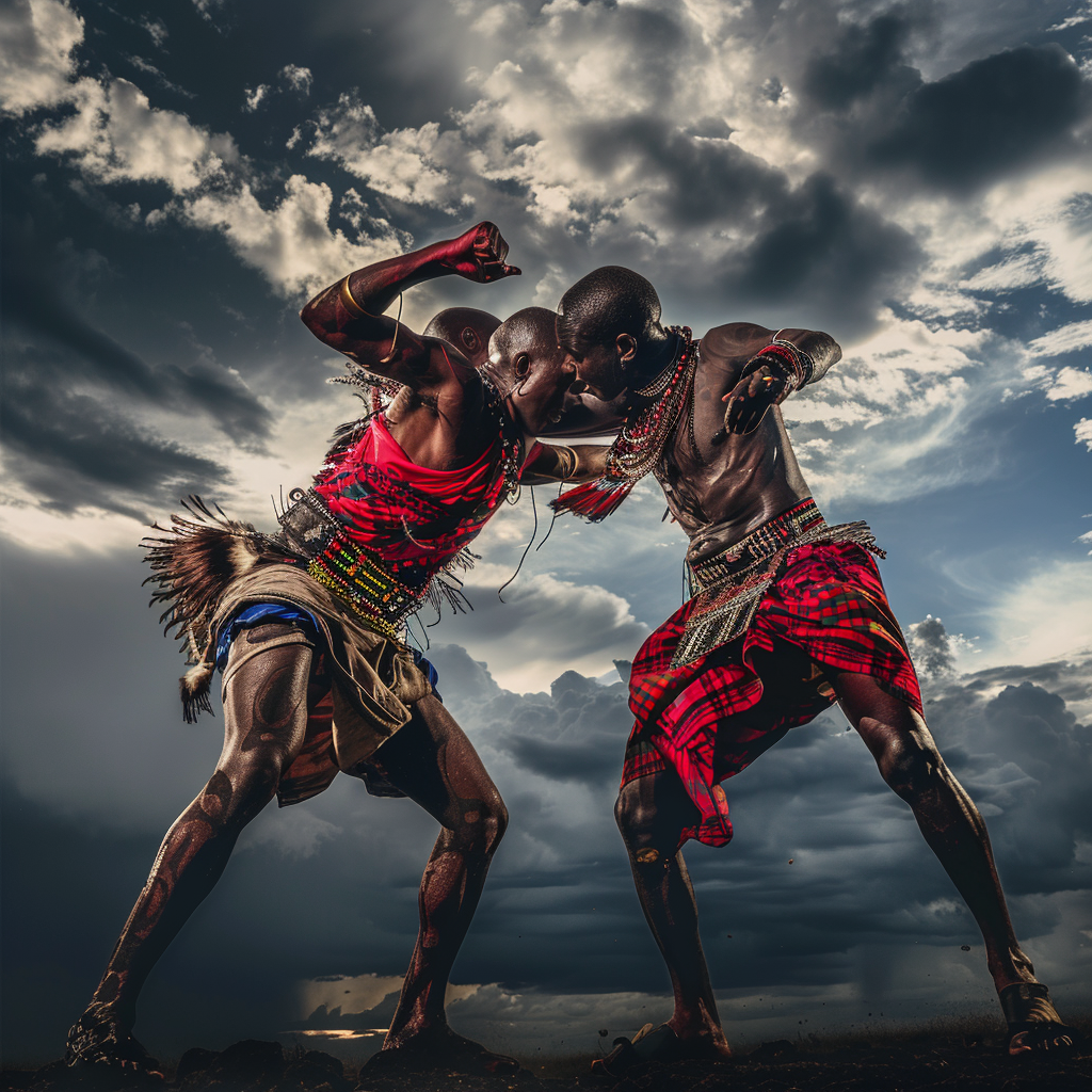 The Giant Masai Warriors Wrestling Under Stormy Sky