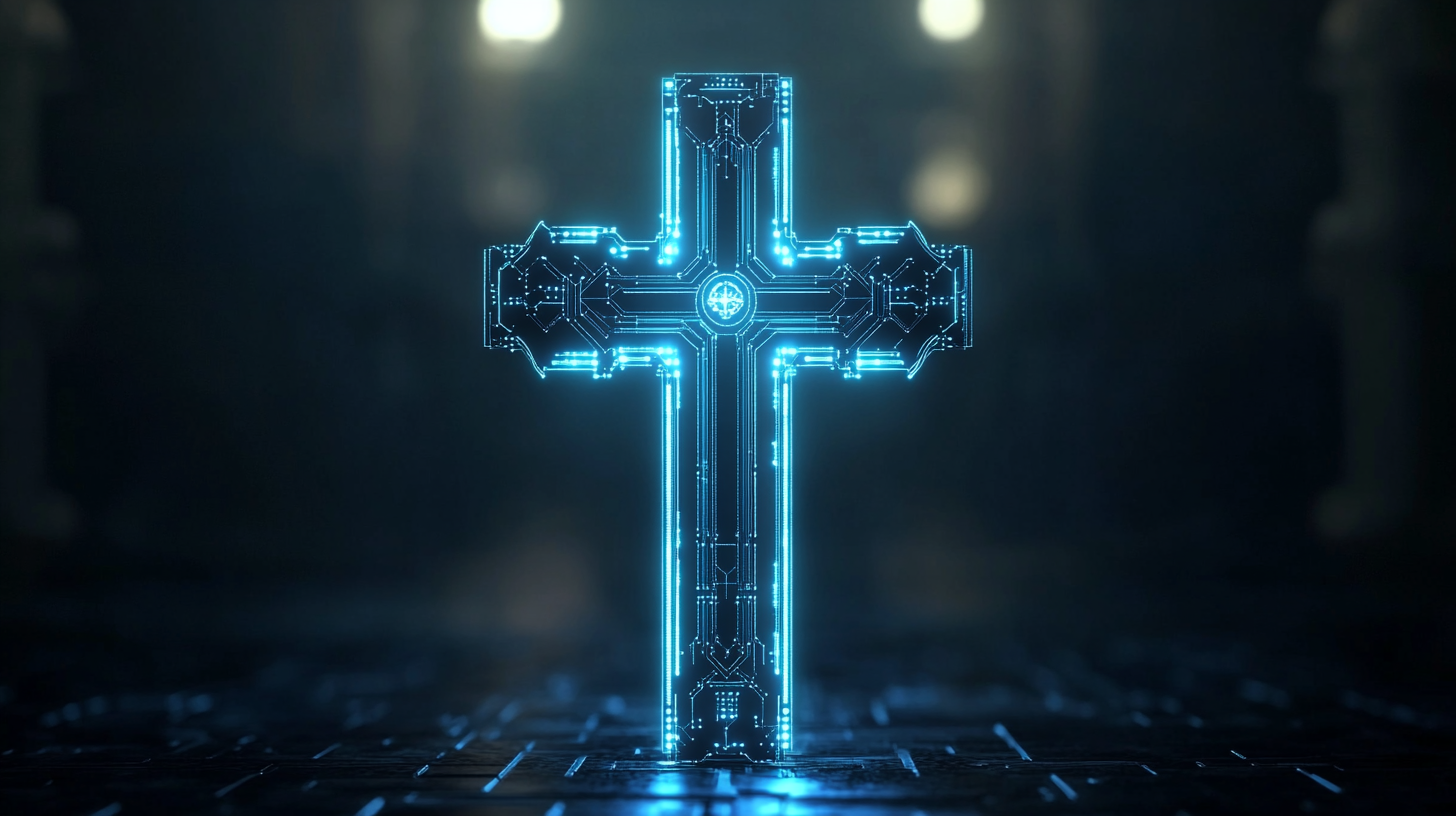 The Glowing Byzantine Cross with Blue Circuit Design