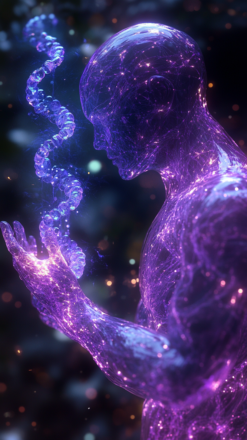 The Glowing Purple Figure Holding DNA Helix