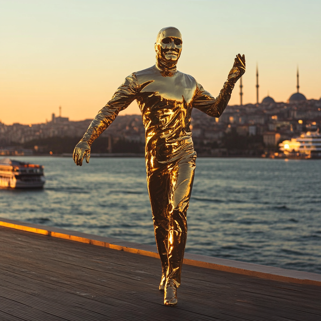 The Golden Man Dances on Istanbul Bridge