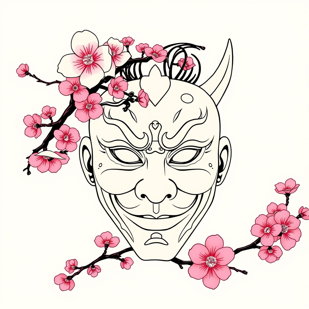 The Hannya Mask and Cherry Blossom Outline