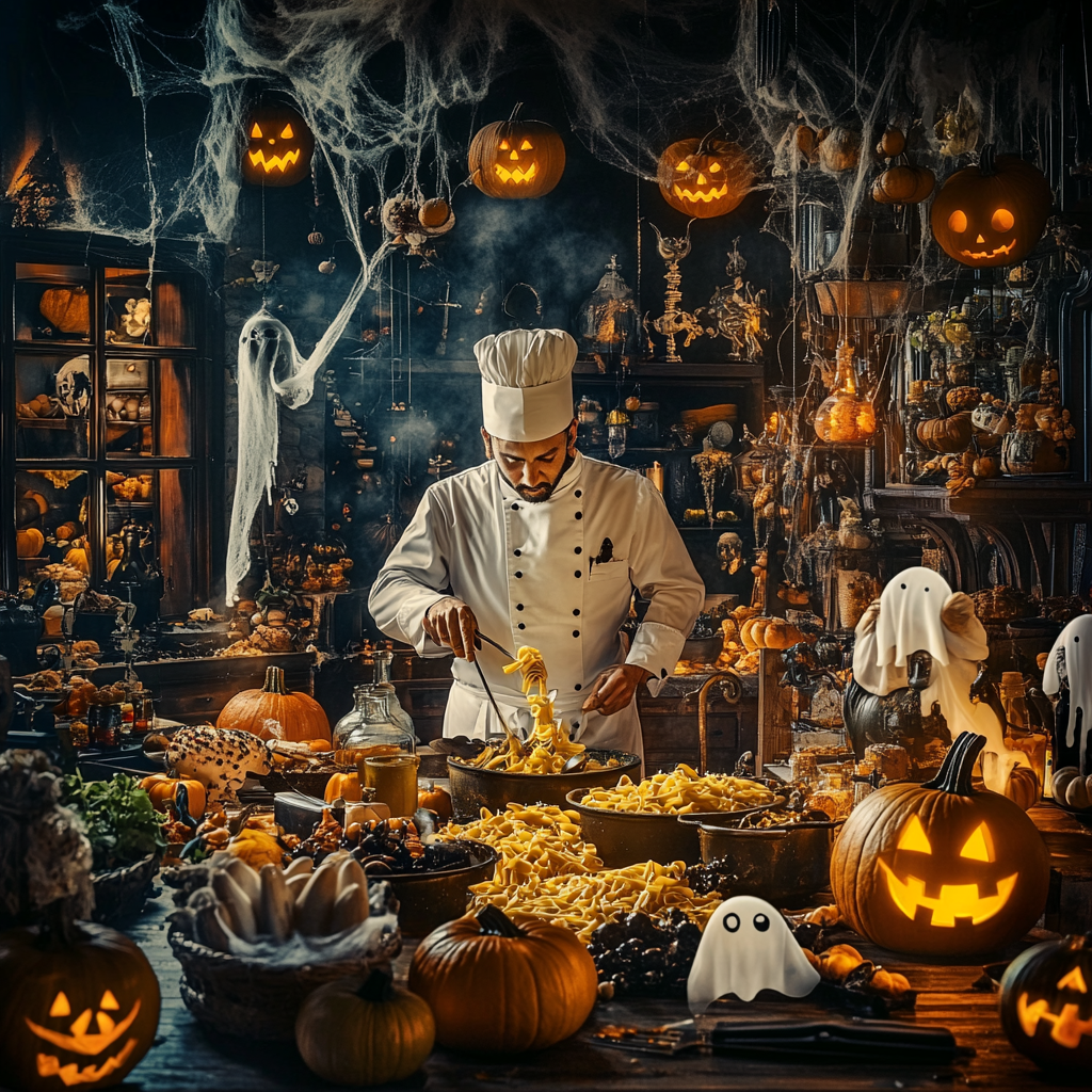 The Italian Chef Preparing Halloween Dishes in Spooky Kitchen