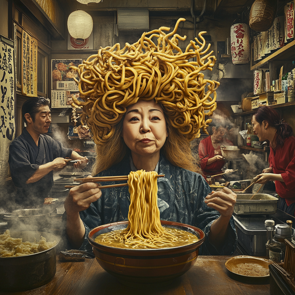 The Japanese Woman with Noodle Hairstyle in Ramen Shop