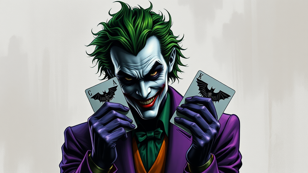 The Joker Holding Batman Card in Purple Outfit