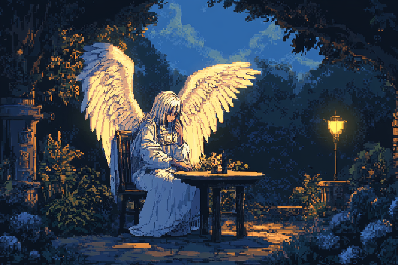 The Knight with Angel Wings in a Night Garden