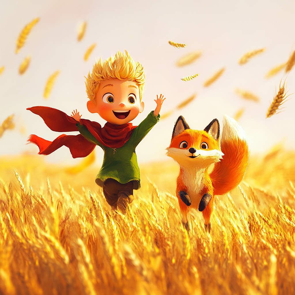 The Little Prince and Fox Running in Field