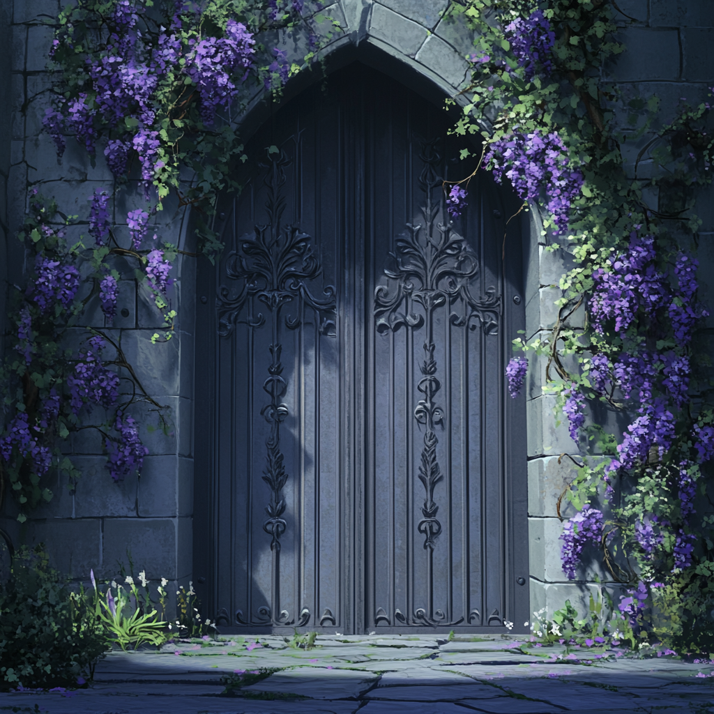 The Magical Double Castle Gates with Purple Flowers