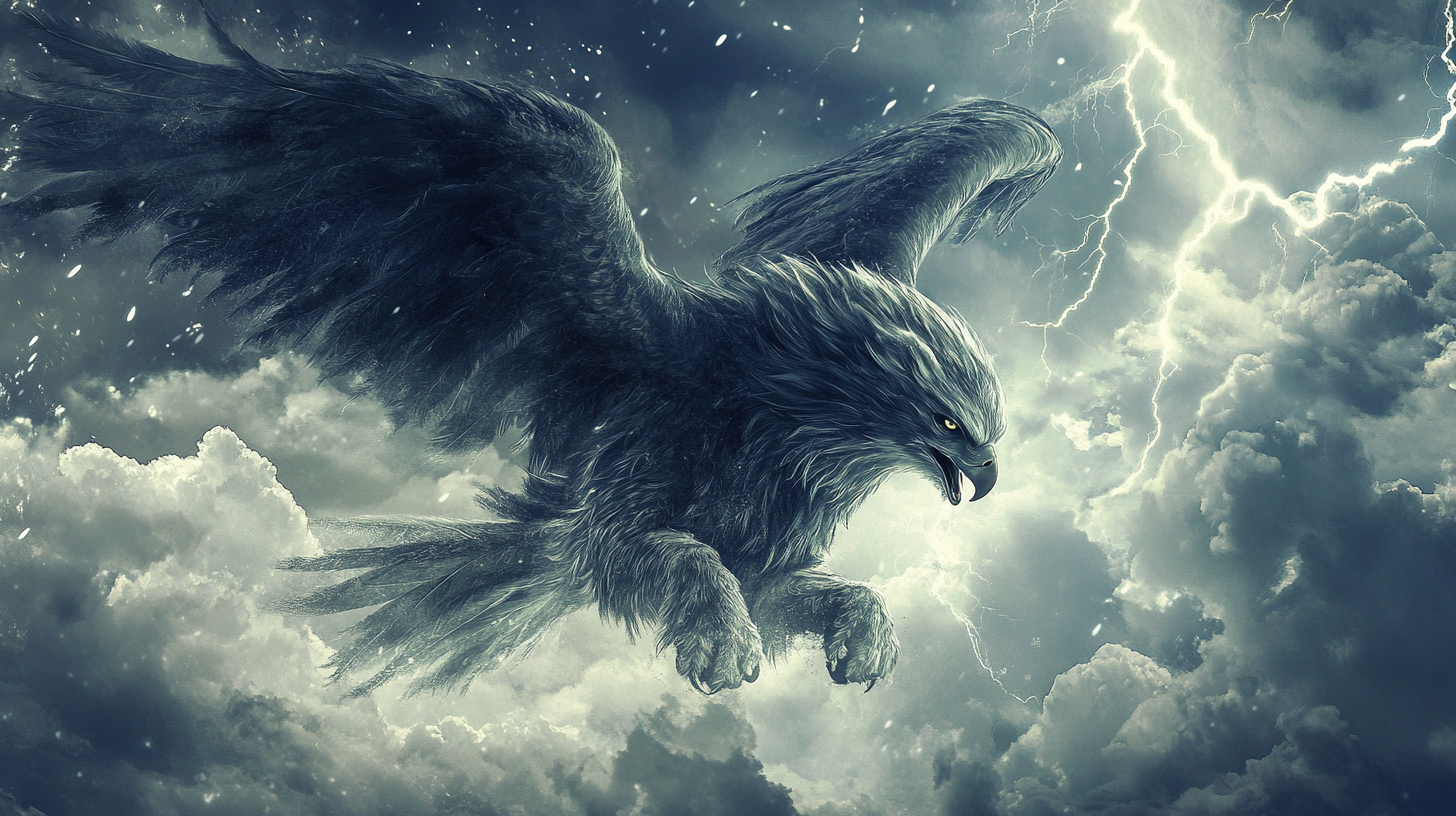 The Majestic Griffin Soaring in Stormy Sky