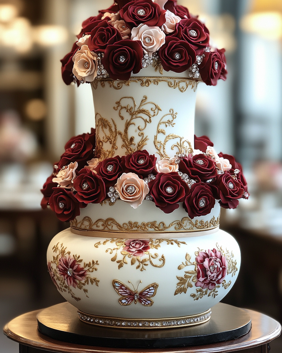 The Majestic Vase-Shaped Multi-Tiered Rose Cake