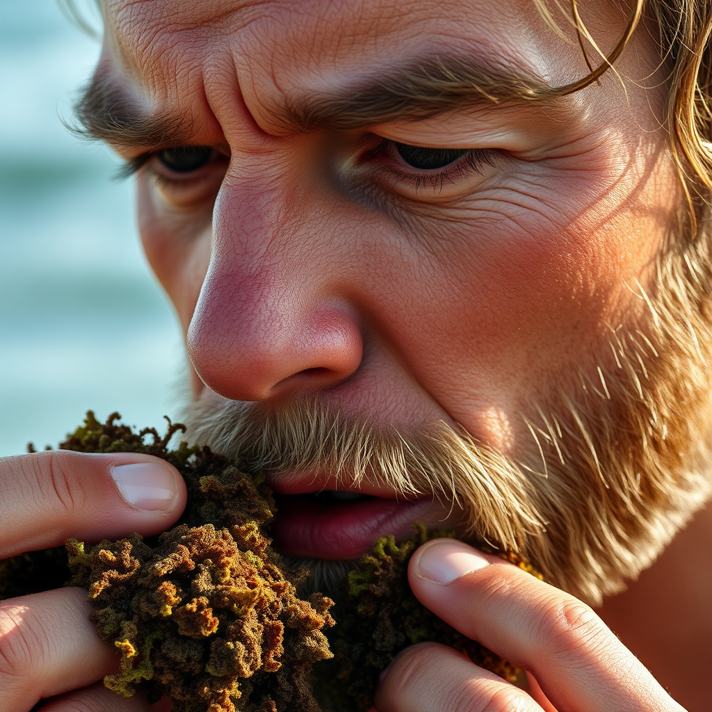 The Man Eats Sea Moss in Close Up