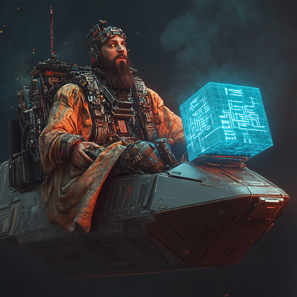 The Man in Cyberpunk Boat with Blue Cube.