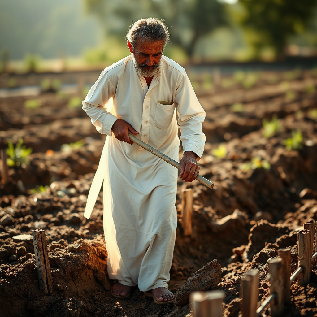 The Man in White Clothes Working in Field