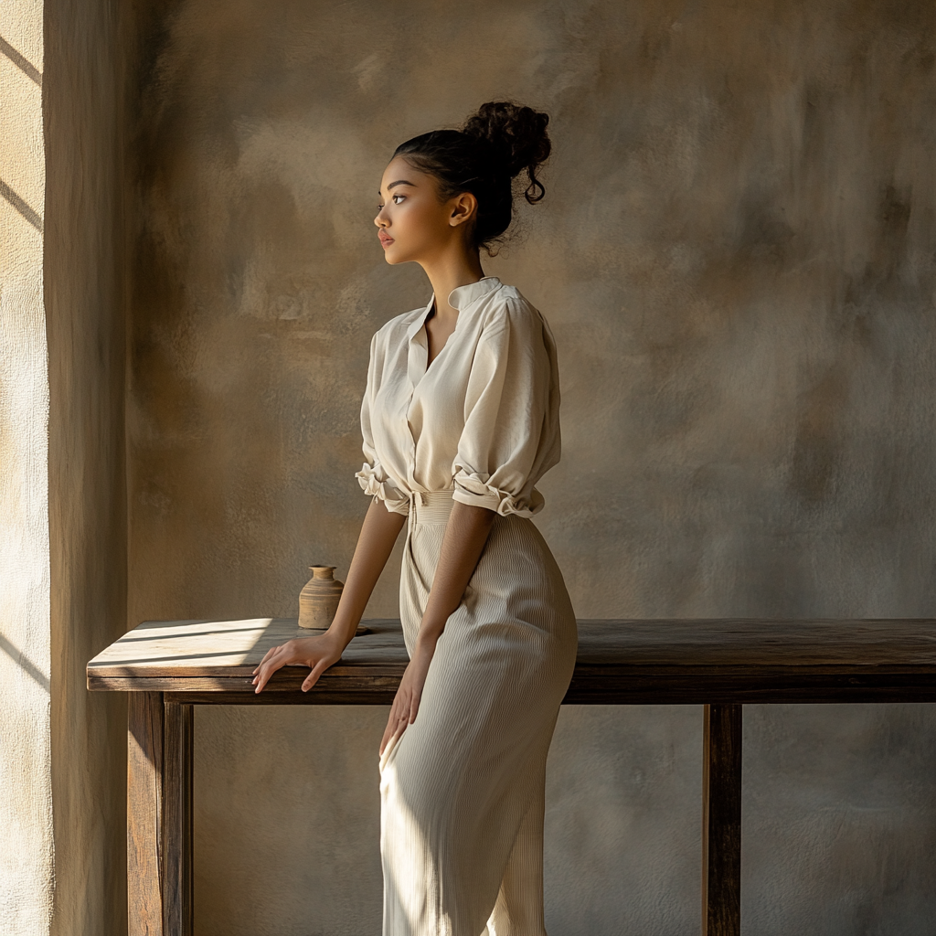 The Model Stands on Table in Dining Room.