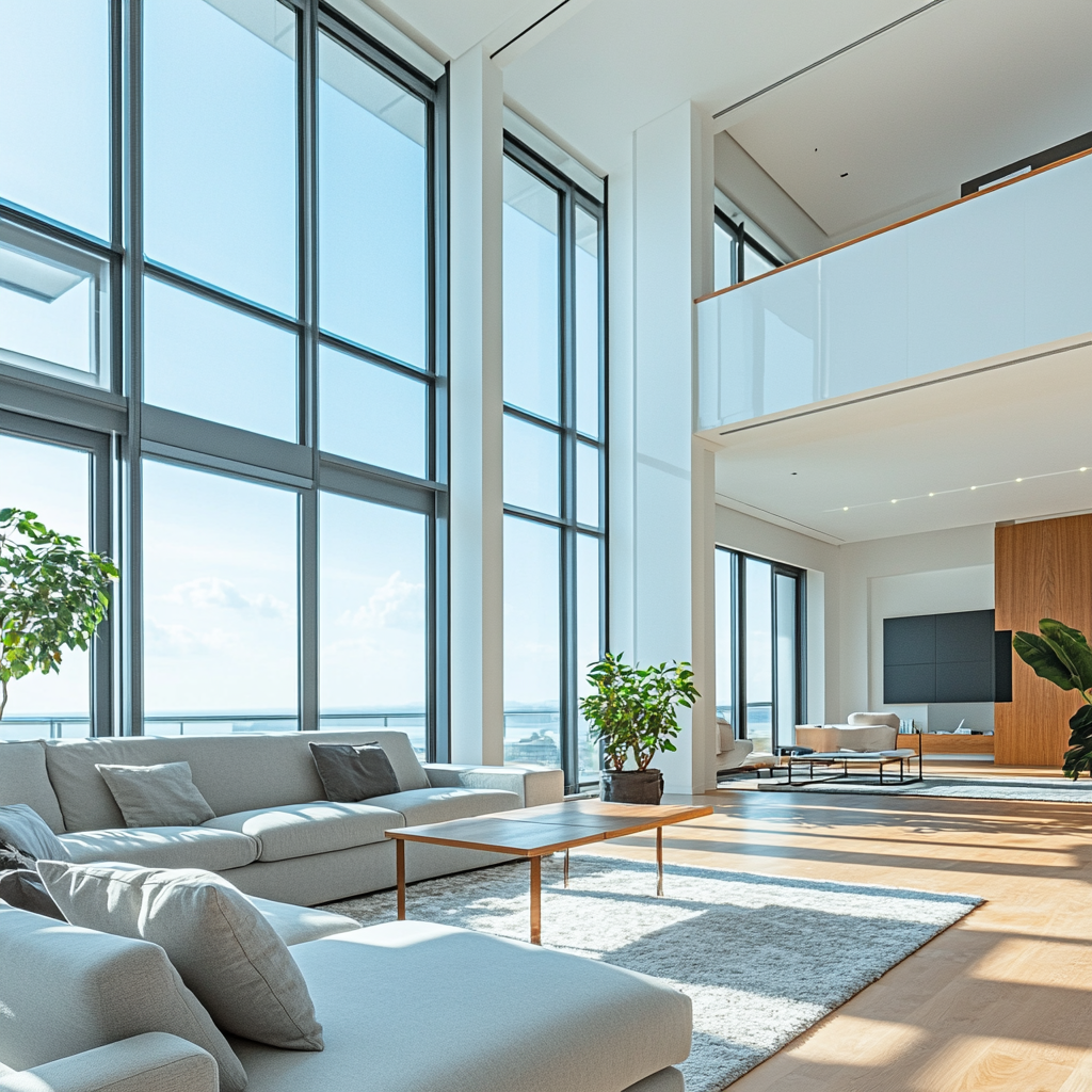 The Modern Bright Living Room With Big Windows.