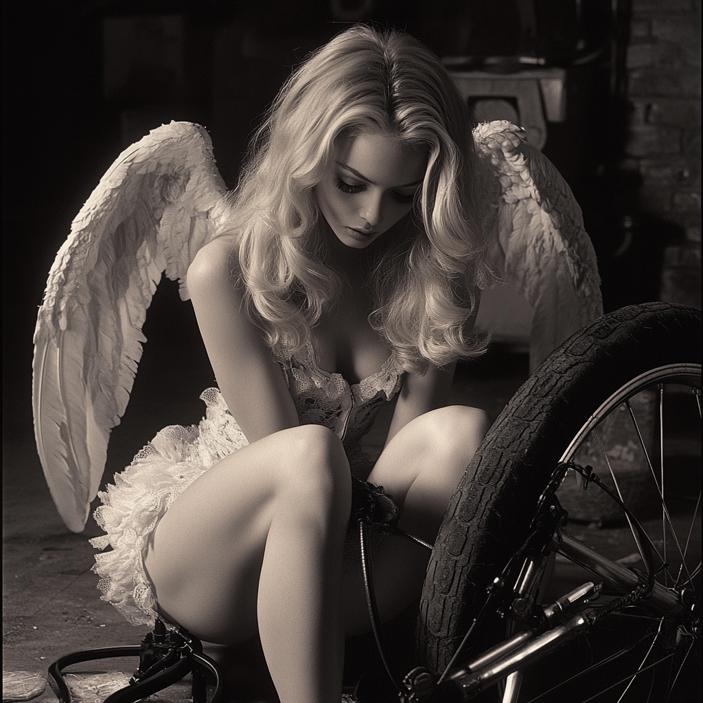 The Mystical Cyber Angel Fixing a Bike Tire