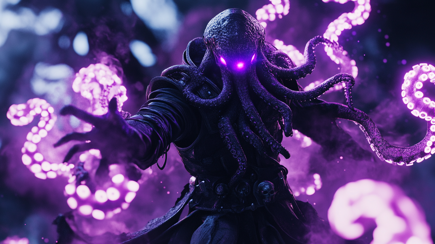 The Octopus Sorcerer in Black Armor Attacks