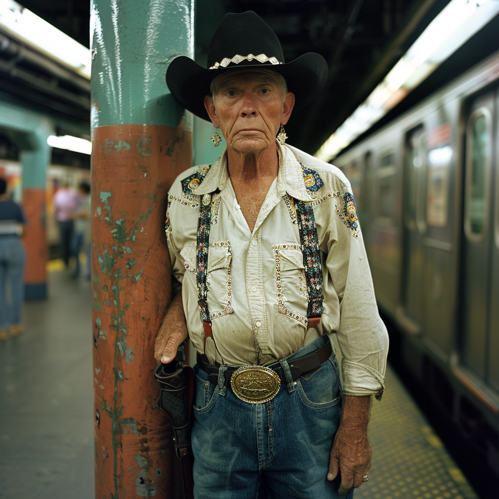 The Old Cowboy in Subway with Diamond Earrings