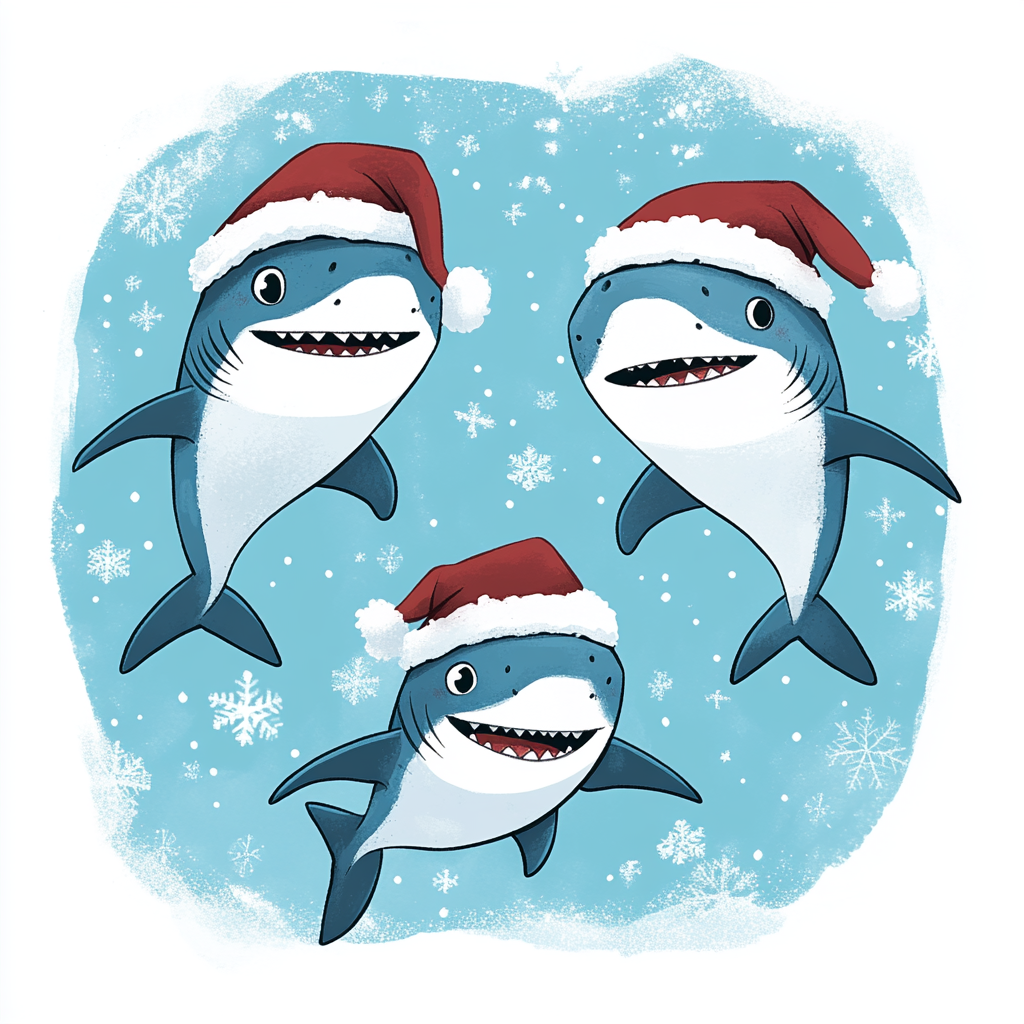 The Playful Sharks in Santa Hats Cartoon