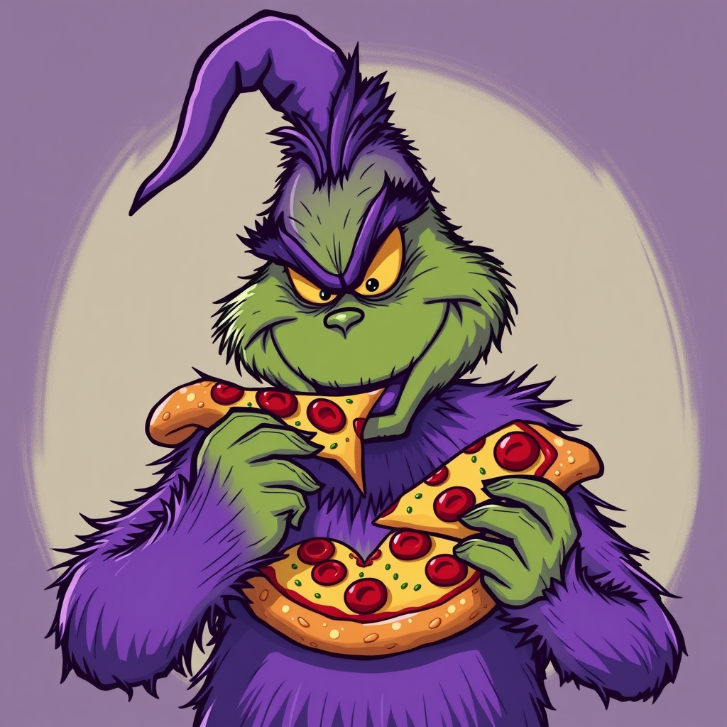 The Purple Grinch Enjoying a Pizza