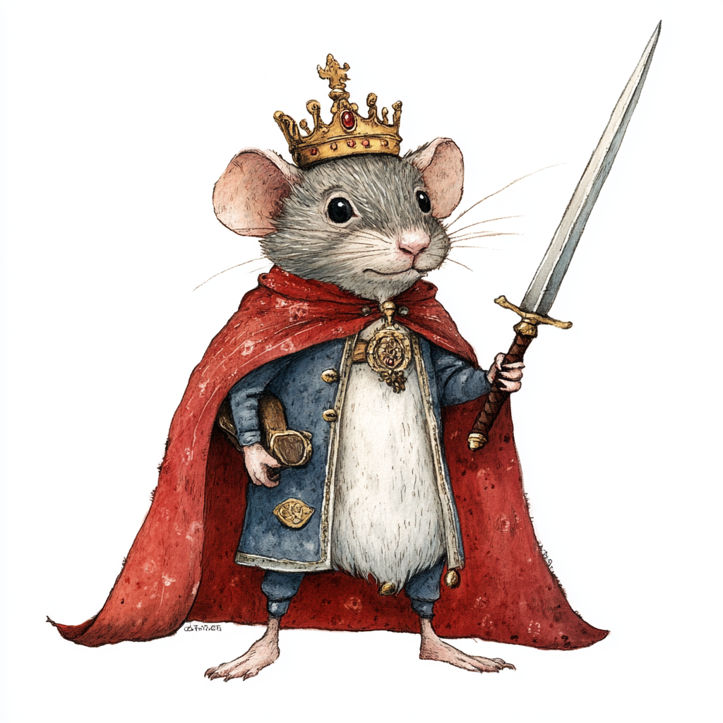 The Rat King in a Crown and Sword, Styled Scandinavian, Beatrix Potter Art.