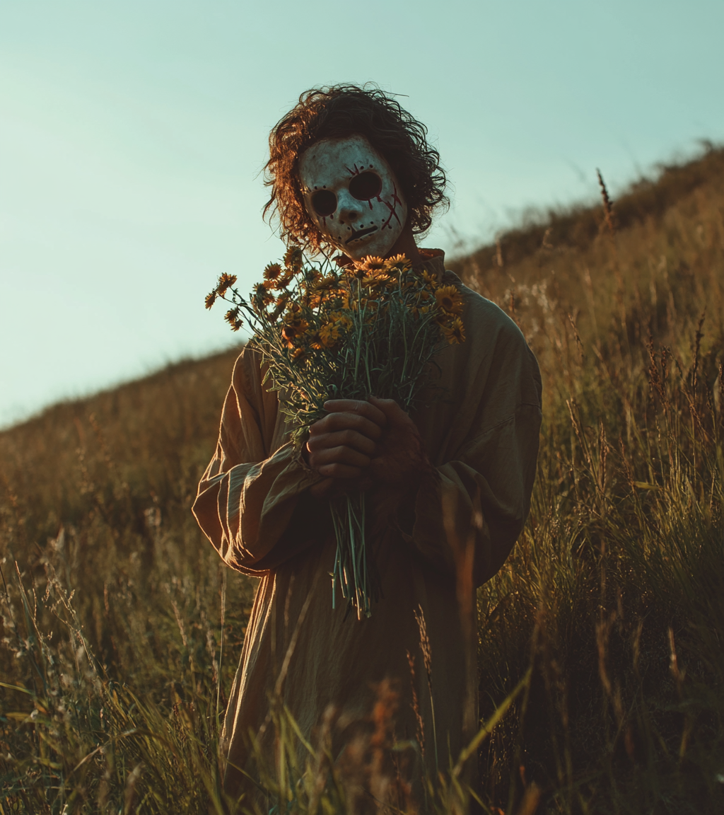 The Romantic Killer Holding Wildflowers on Hillside