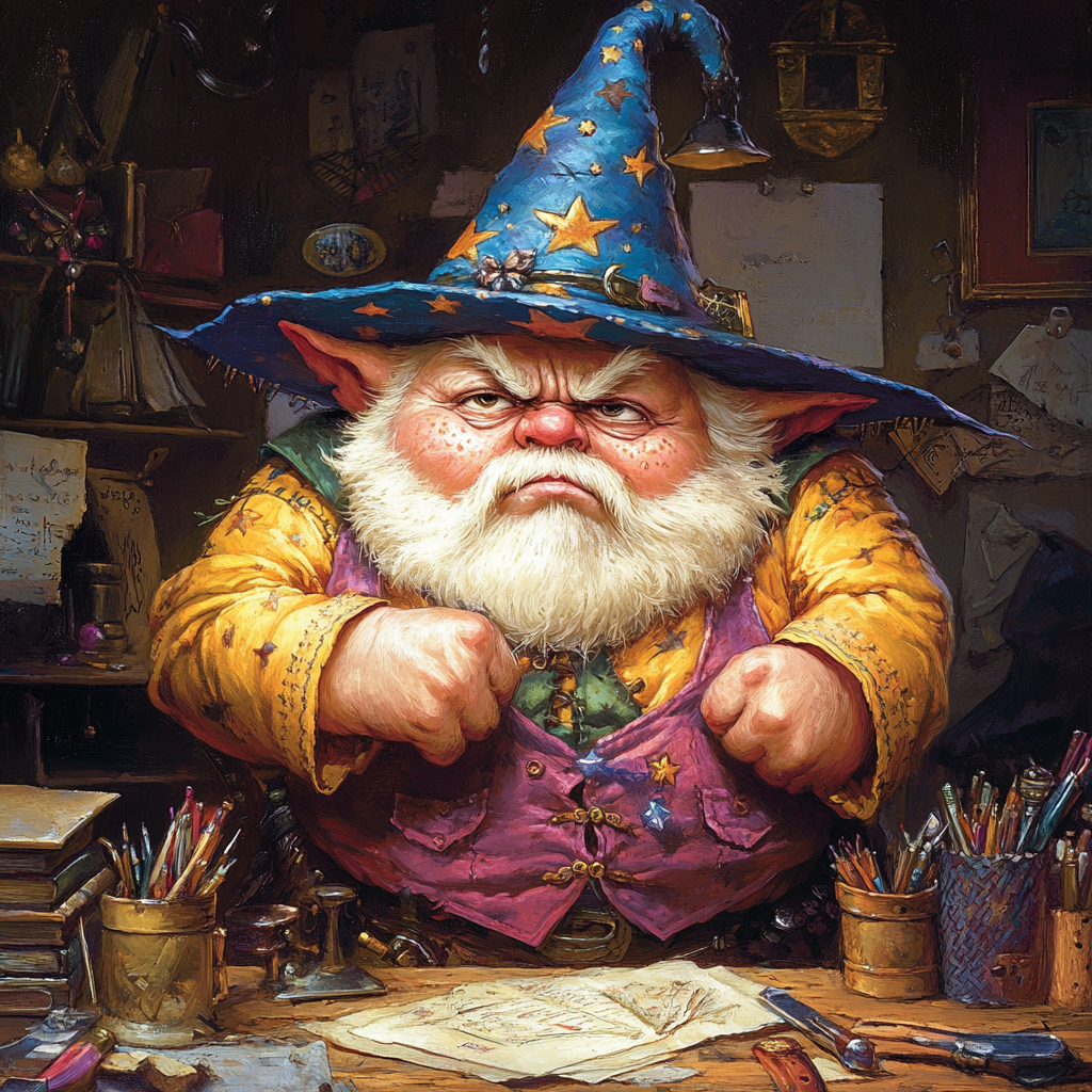 The Serious Gnome Halfling at His Desk