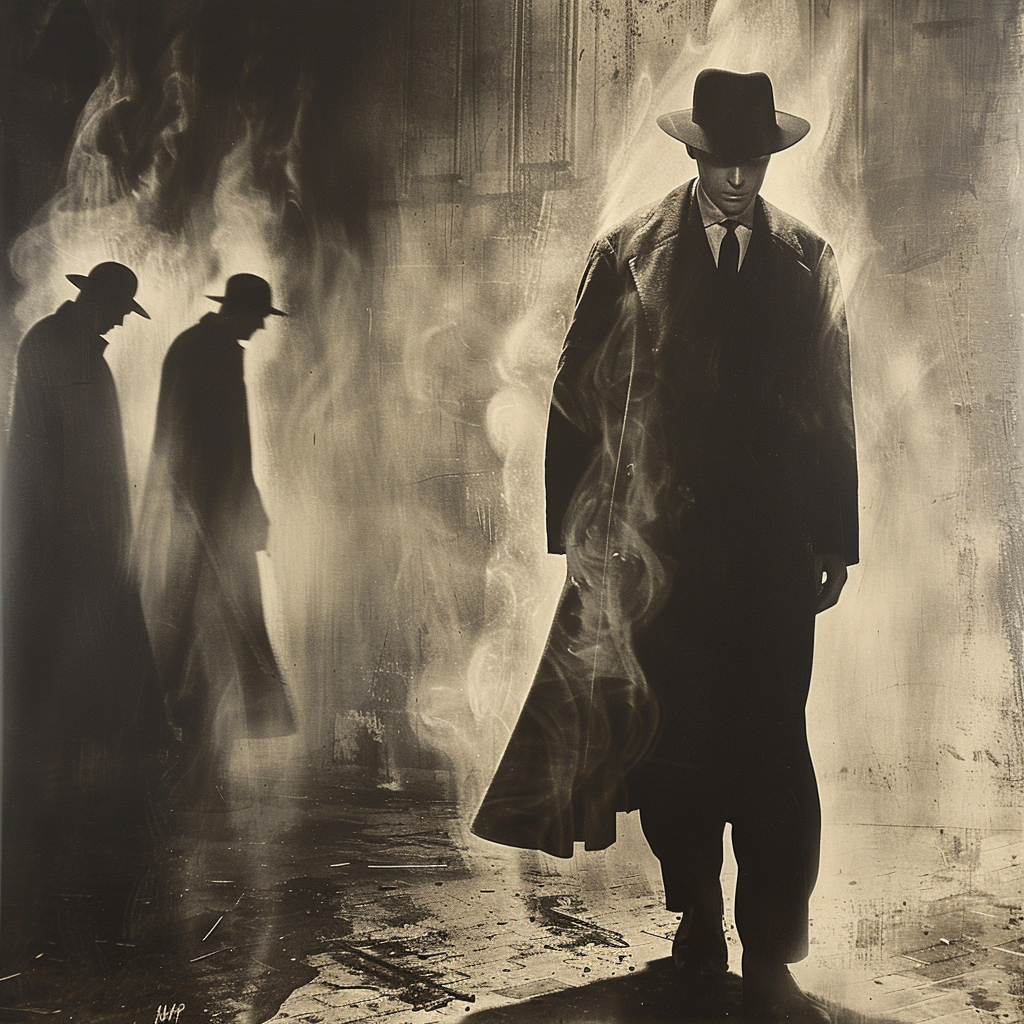 The Shadow in William Mortensen style portrait, gothic setting.