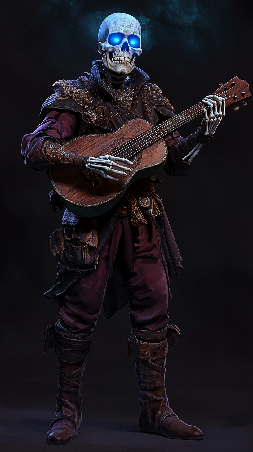 The Skeleton Bard Playing Lute with Blue Eyes