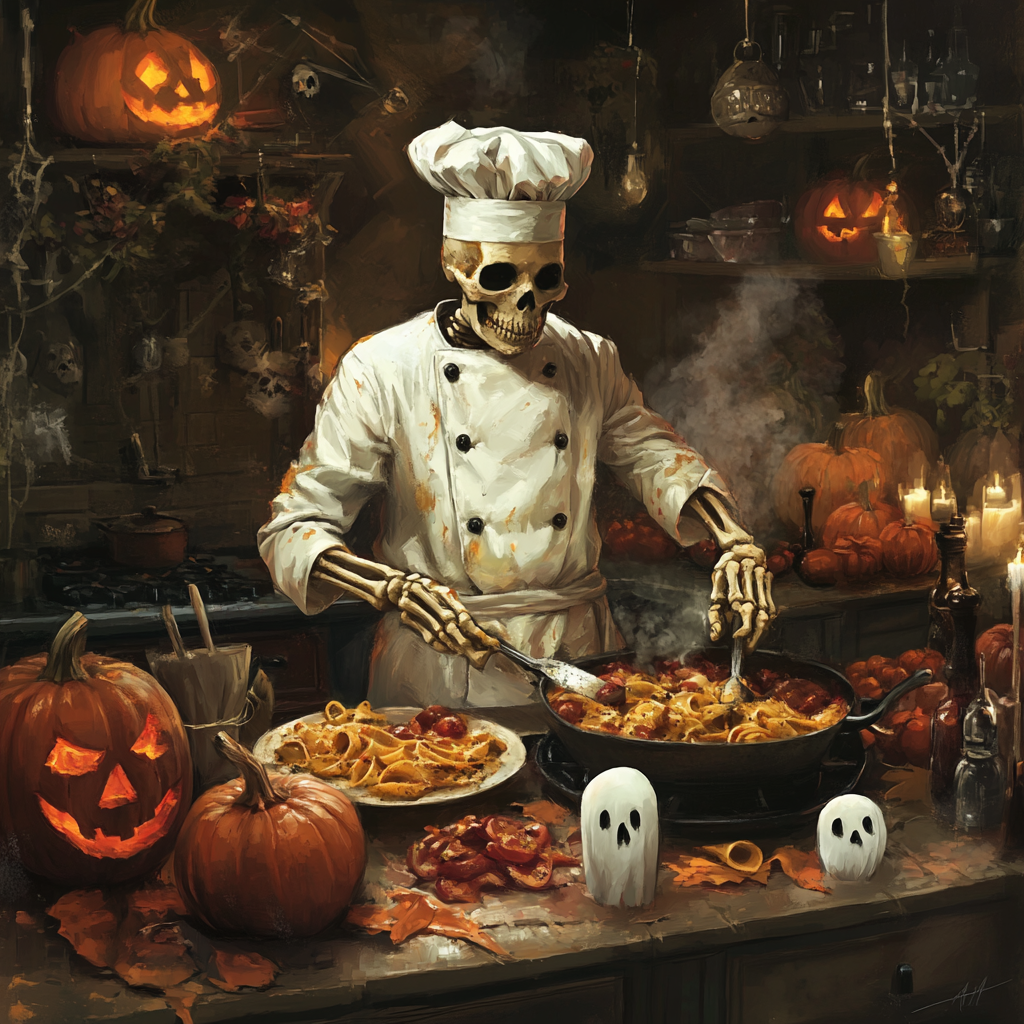 The Skeleton Chef Prepares Halloween Italian Dishes