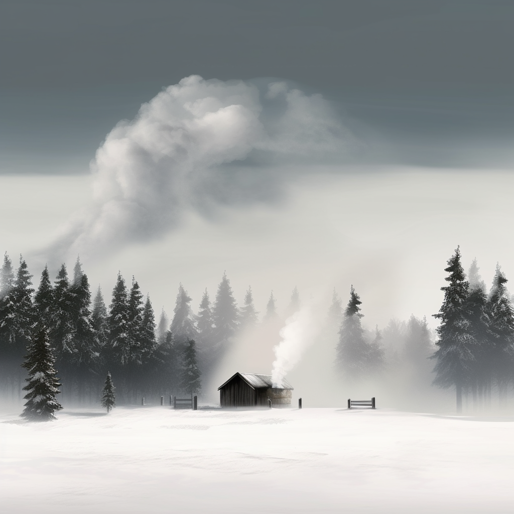 The Small Hut in Snowy Field