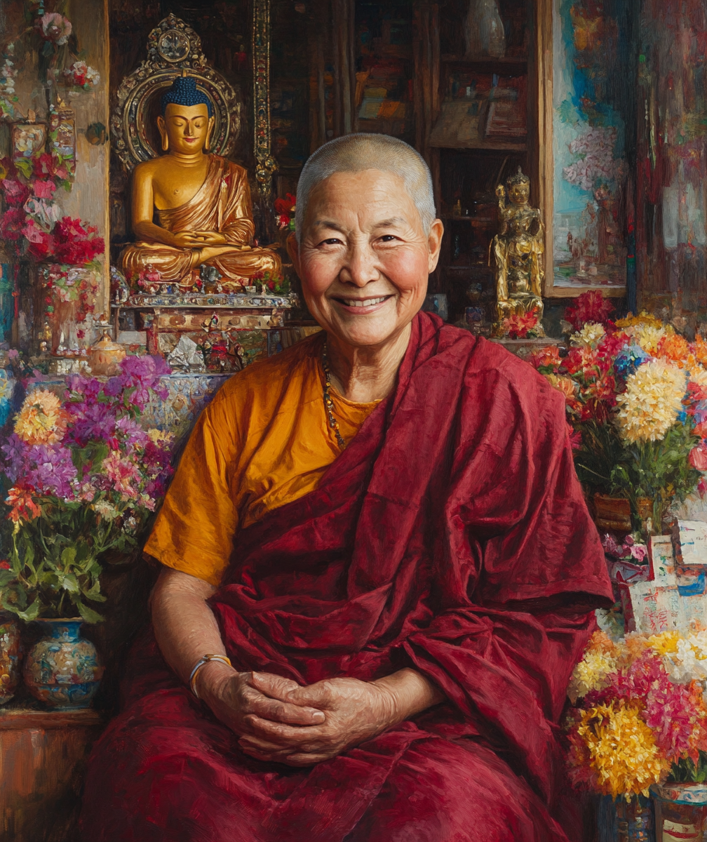 The Smiling Tibetan Nun Amidst Her Beautiful Home