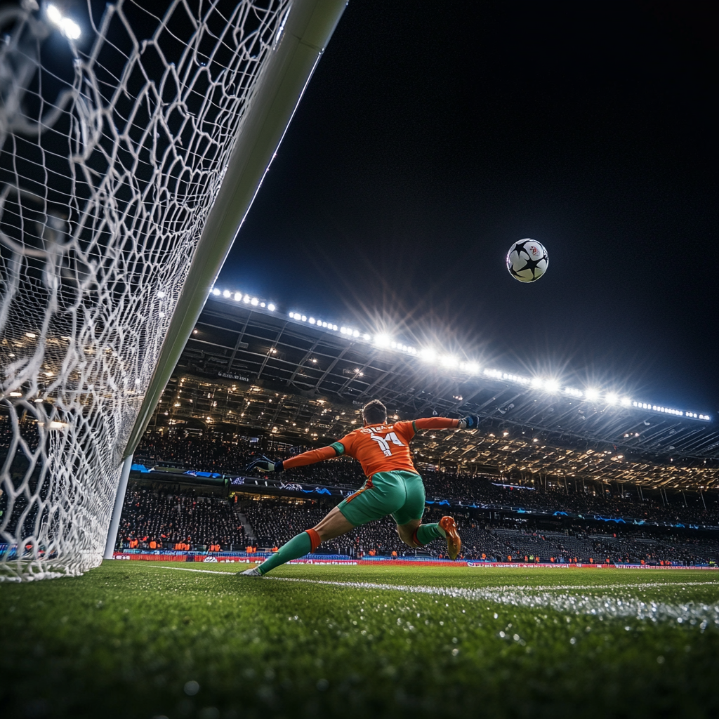 The Soccer Goalkeeper Leaping to Save at Night.