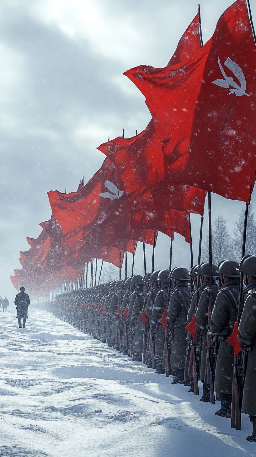 The Soviet army standing in snow with flags.