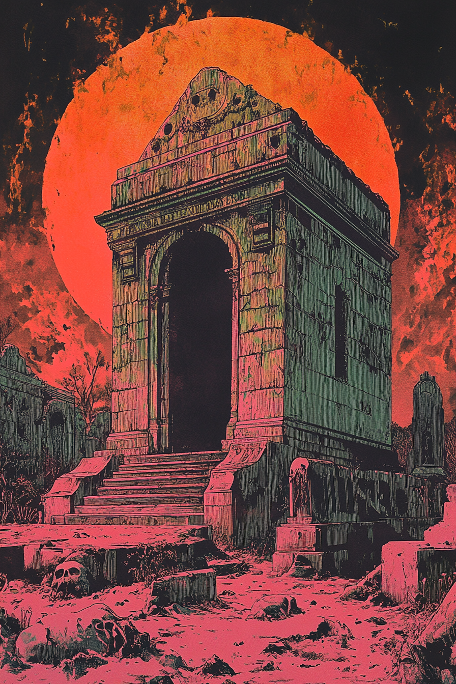 The Spooky Mausoleum T-Shirt Illustration in Synthwave Style