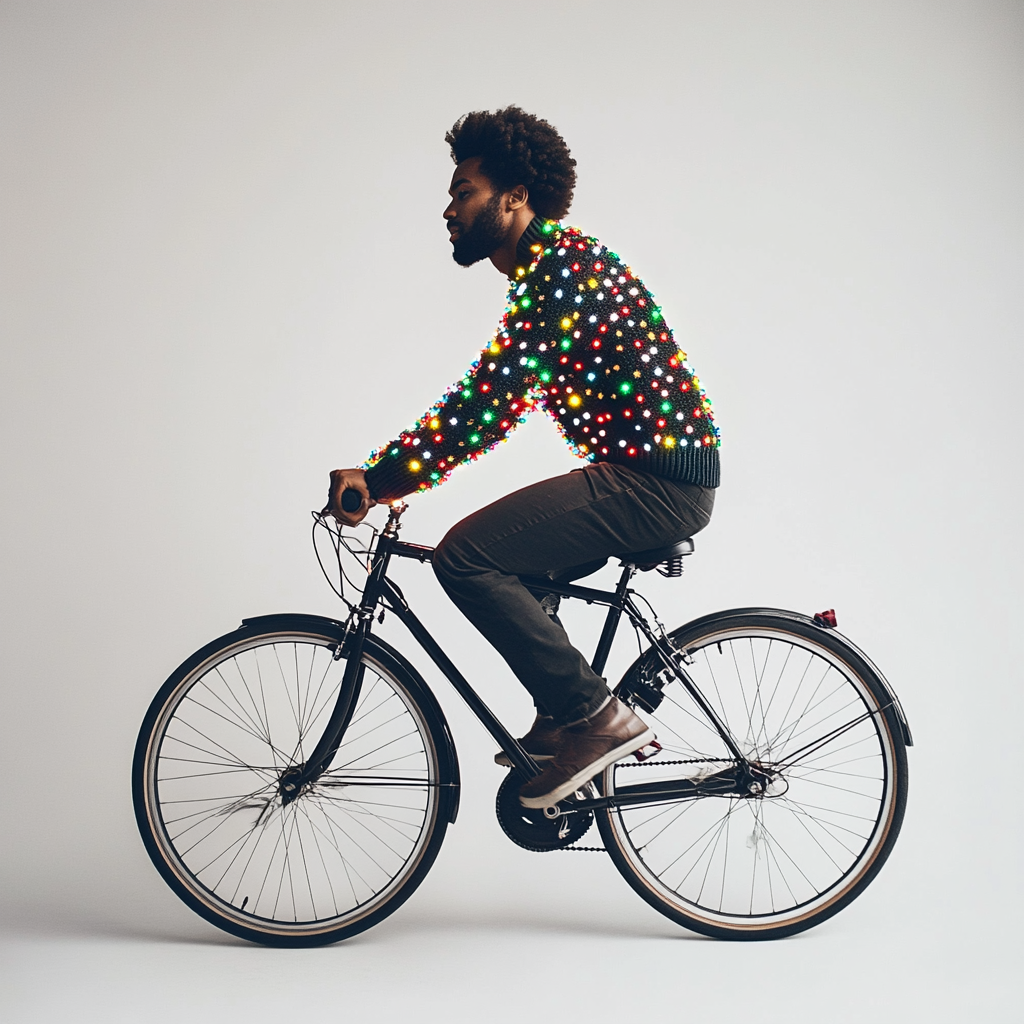 The Stylish Man in Christmas Sweater Rides Bike