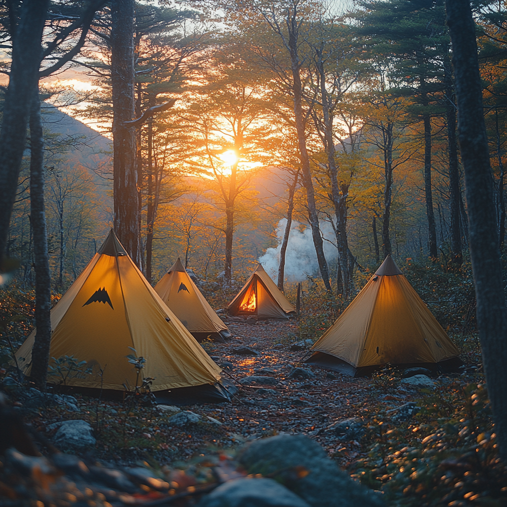 The Sunrise Campsite: Autumn Forest and Fire