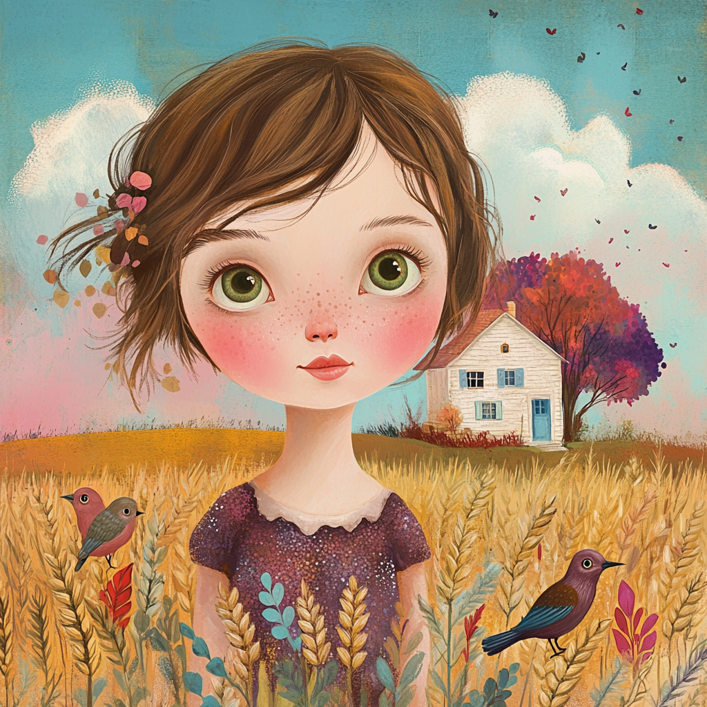 The Sweet Girl Picking Wheat in Dreamy Field