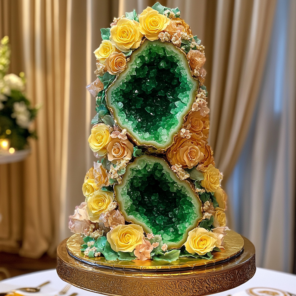 The Tall Green Geode Cake with Yellow Roses