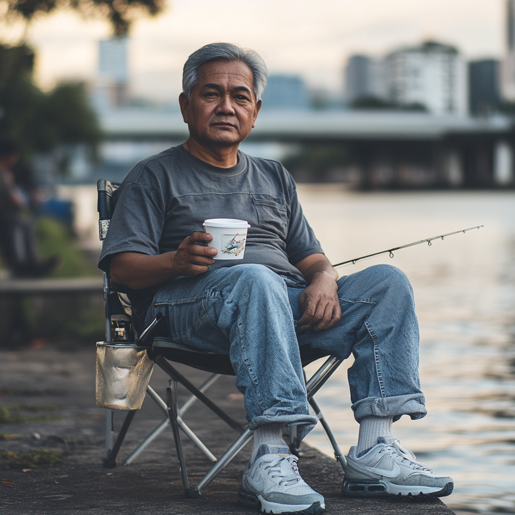 The Thai man is fishing by the river.