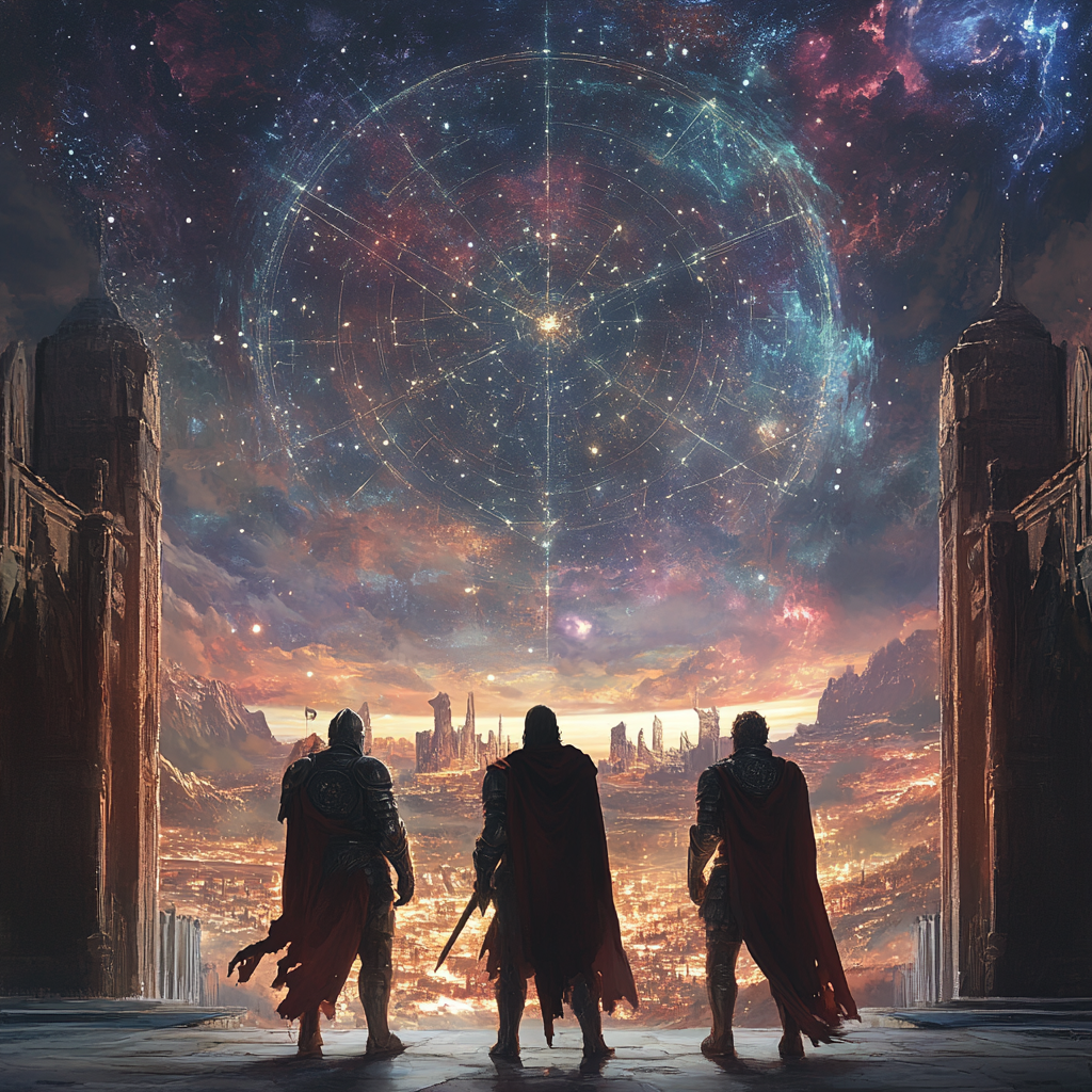 The Three Knights Amidst Celestial Portals