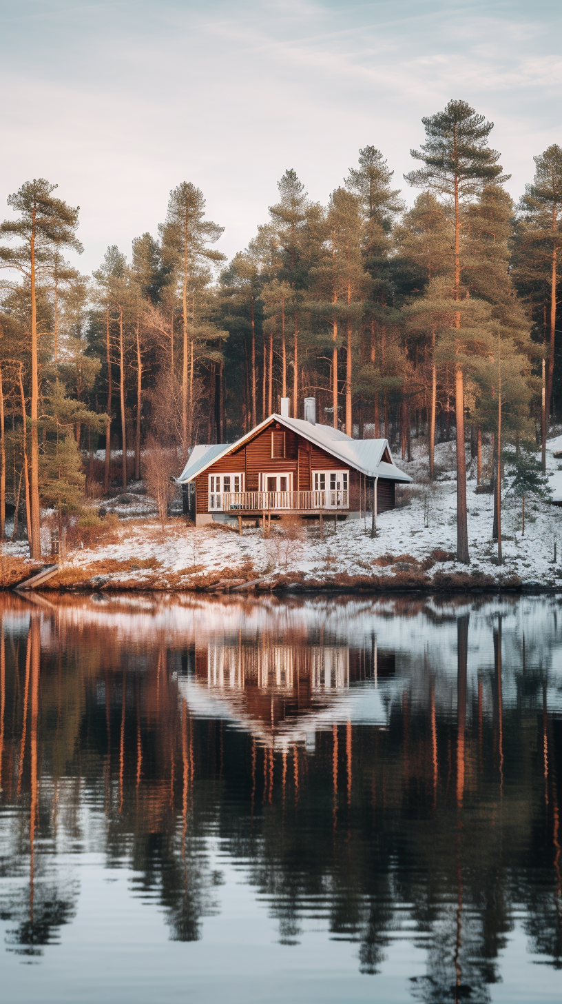 The Tranquil Finnish Landscape with Lakeside Cabins