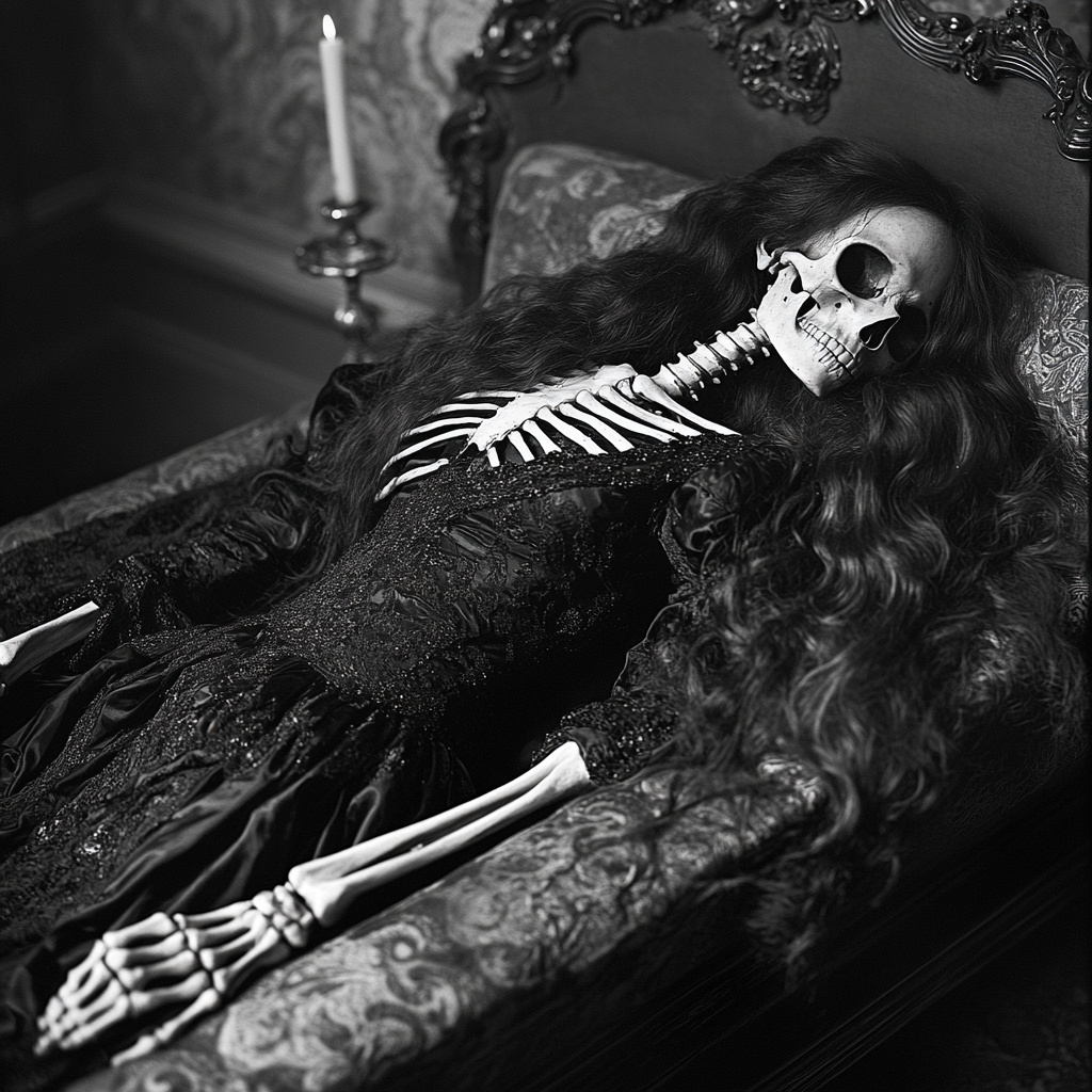 The Victorian lady skeleton resting on a coffin