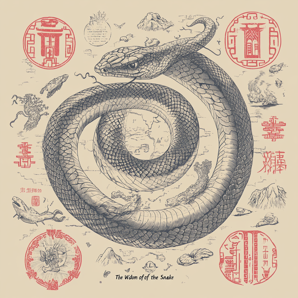 The Wise Snake: Chinese symbols, muted colors, linework